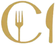 Logo doré avec fourchette et couteau